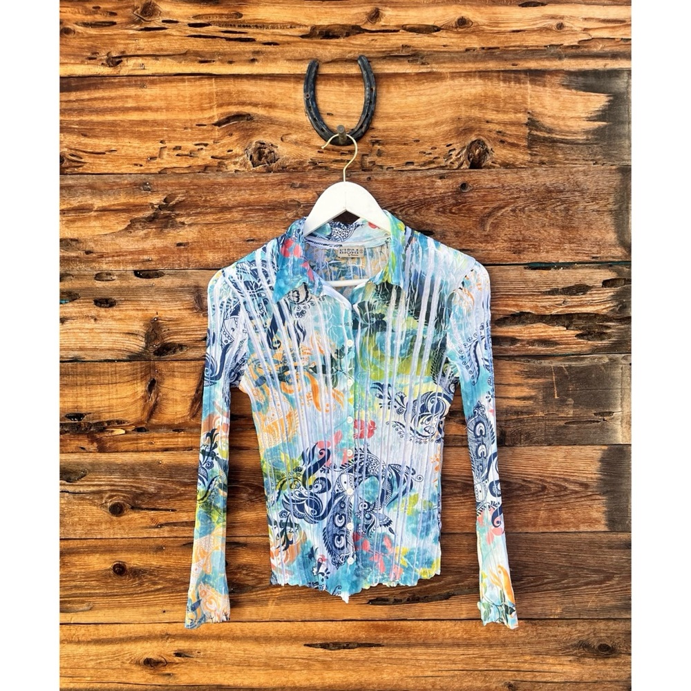 KISCA | By Komarov Long Sleeve Button Up Crinkle Top Blouse S